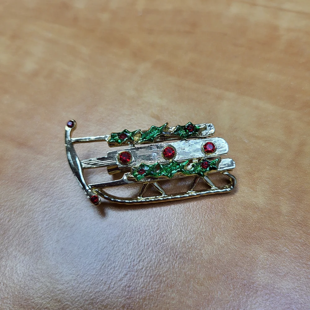 Gold and Green Holiday Sled Brooch
